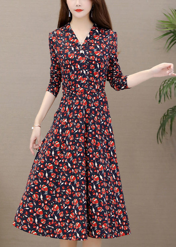 Slim Fit Red V Neck Print Long Dress Long Sleeve