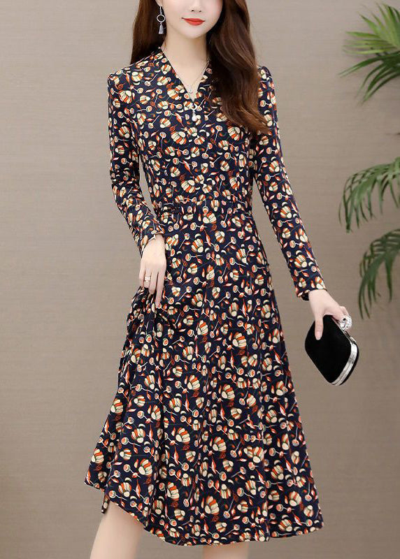 Slim Fit Red V Neck Print Long Dress Long Sleeve