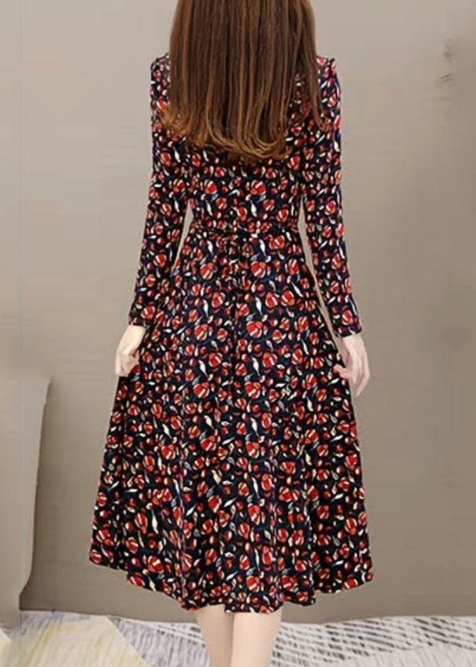 Slim Fit Red V Neck Print Long Dress Long Sleeve