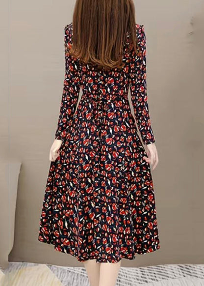 Slim Fit Red V Neck Print Long Dress Long Sleeve