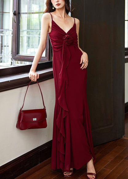 Slim Fit Red V Neck Wrinkled Chiffon Maxi Dresses Sleeveless