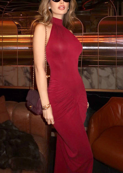 Slim Fit Red Wrinkled Side Open Cotton Long Dress Sleeveless