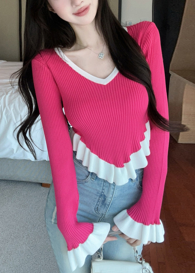 Slim Fit Rose V Neck Patchwork Knit Sweaters Spring