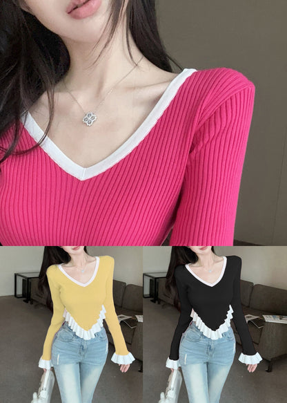 Slim Fit Rose V Neck Patchwork Knit Sweaters Spring