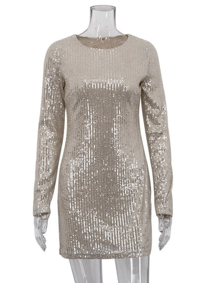 Slim Fit Silver O-Neck Patchwork Sequins Mid Dress Fall