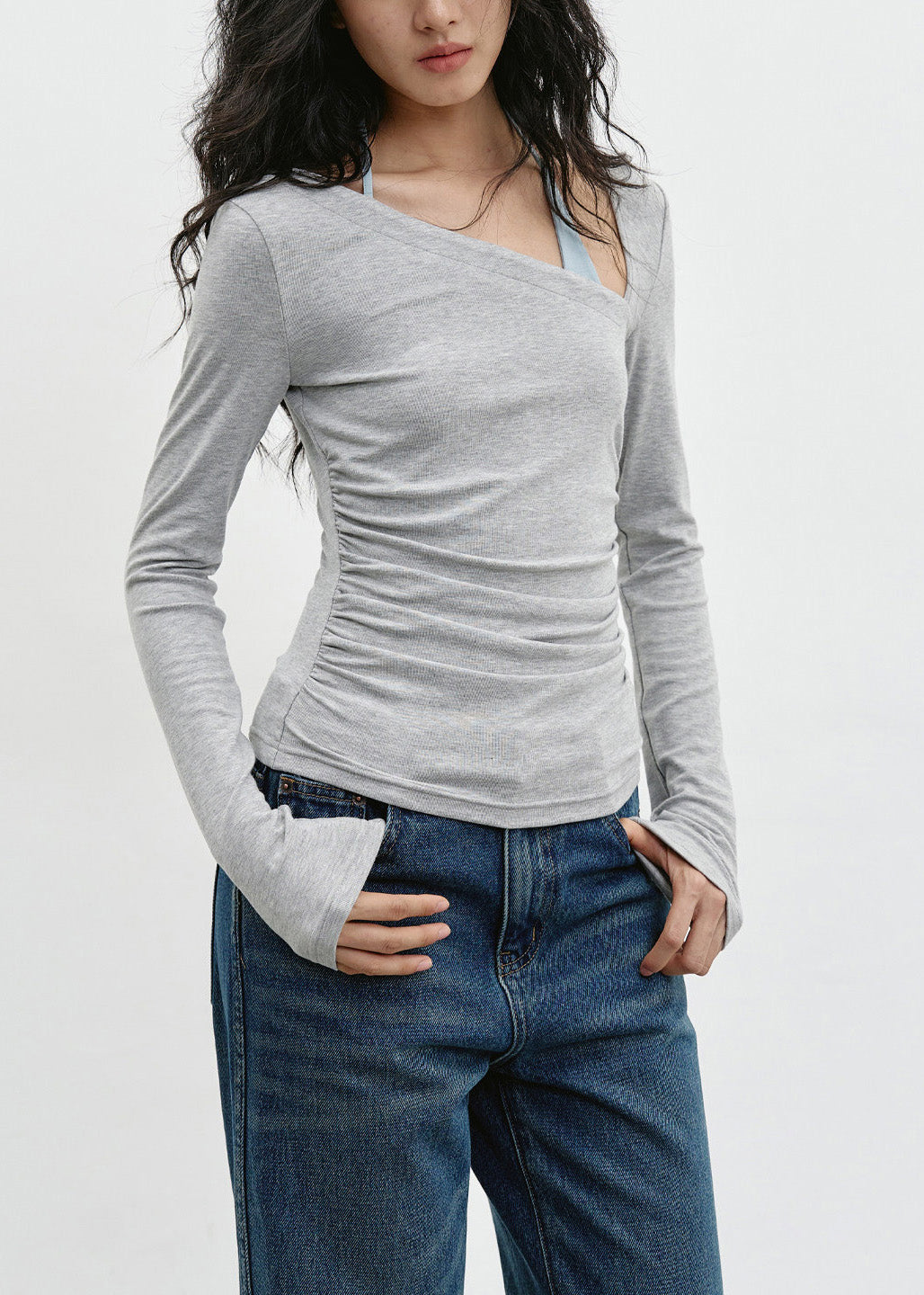 Slim Fit Slanted Shoulder Grey Long Sleeved T-Shirt Spring 2026