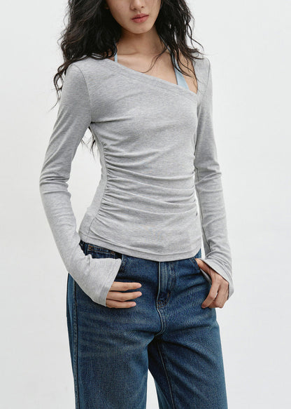 Slim Fit Slanted Shoulder Grey Long Sleeved T-Shirt Spring 2026