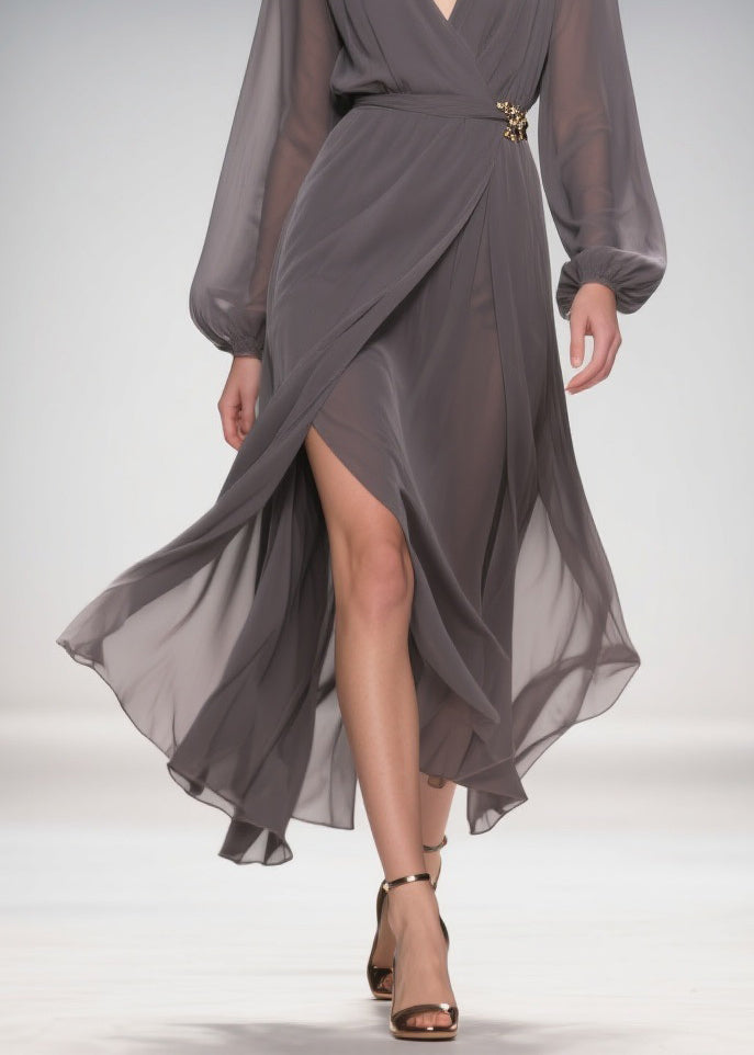 Slim Fit Smoky Gray V Neck Side Open Chiffon Long Dress Spring