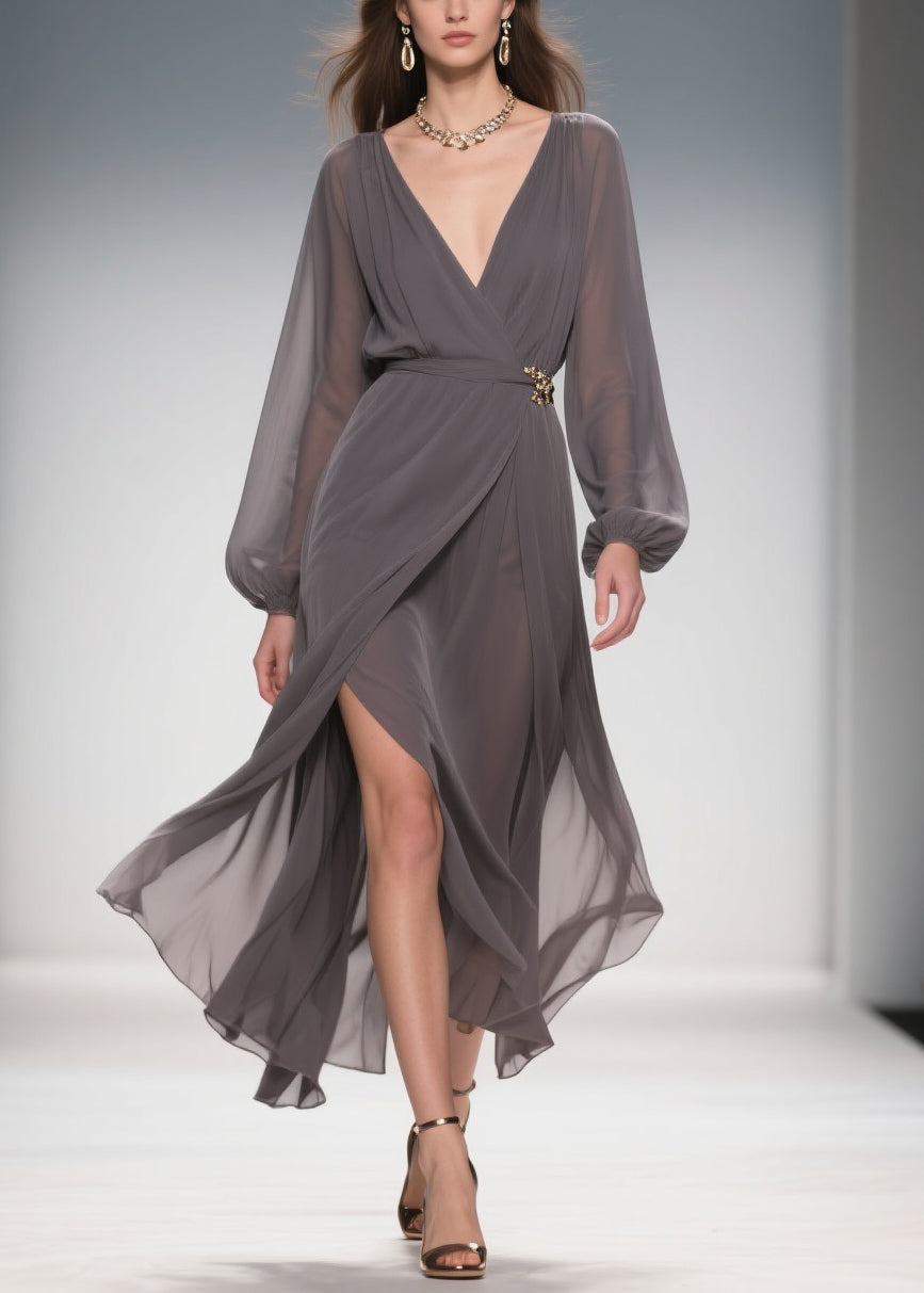 Slim Fit Smoky Gray V Neck Side Open Chiffon Long Dress Spring