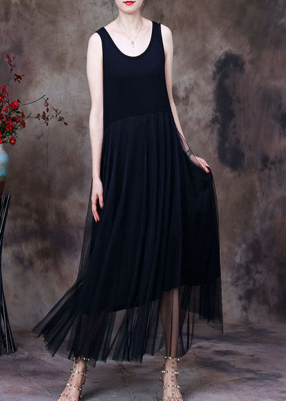 Slim Fit Solid White O-Neck Tulle Patchwork Cotton Spaghetti Strap Dress Sleeveless