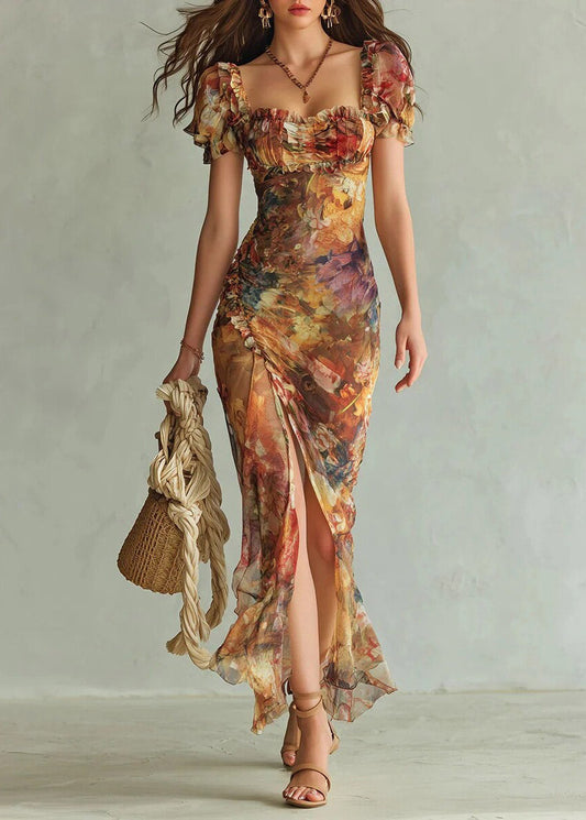 Slim Fit Square Collar Print Side Open Long Dress Summer