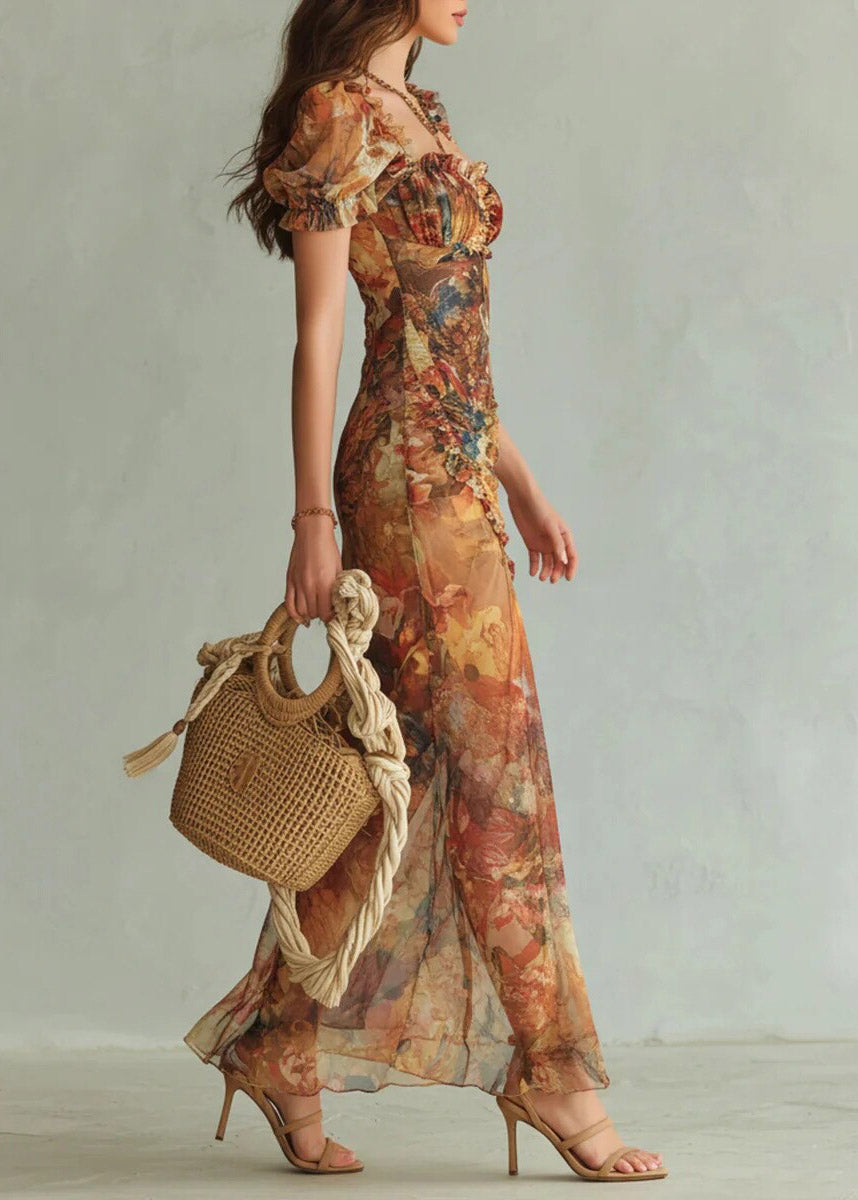 Slim Fit Square Collar Print Side Open Long Dress Summer