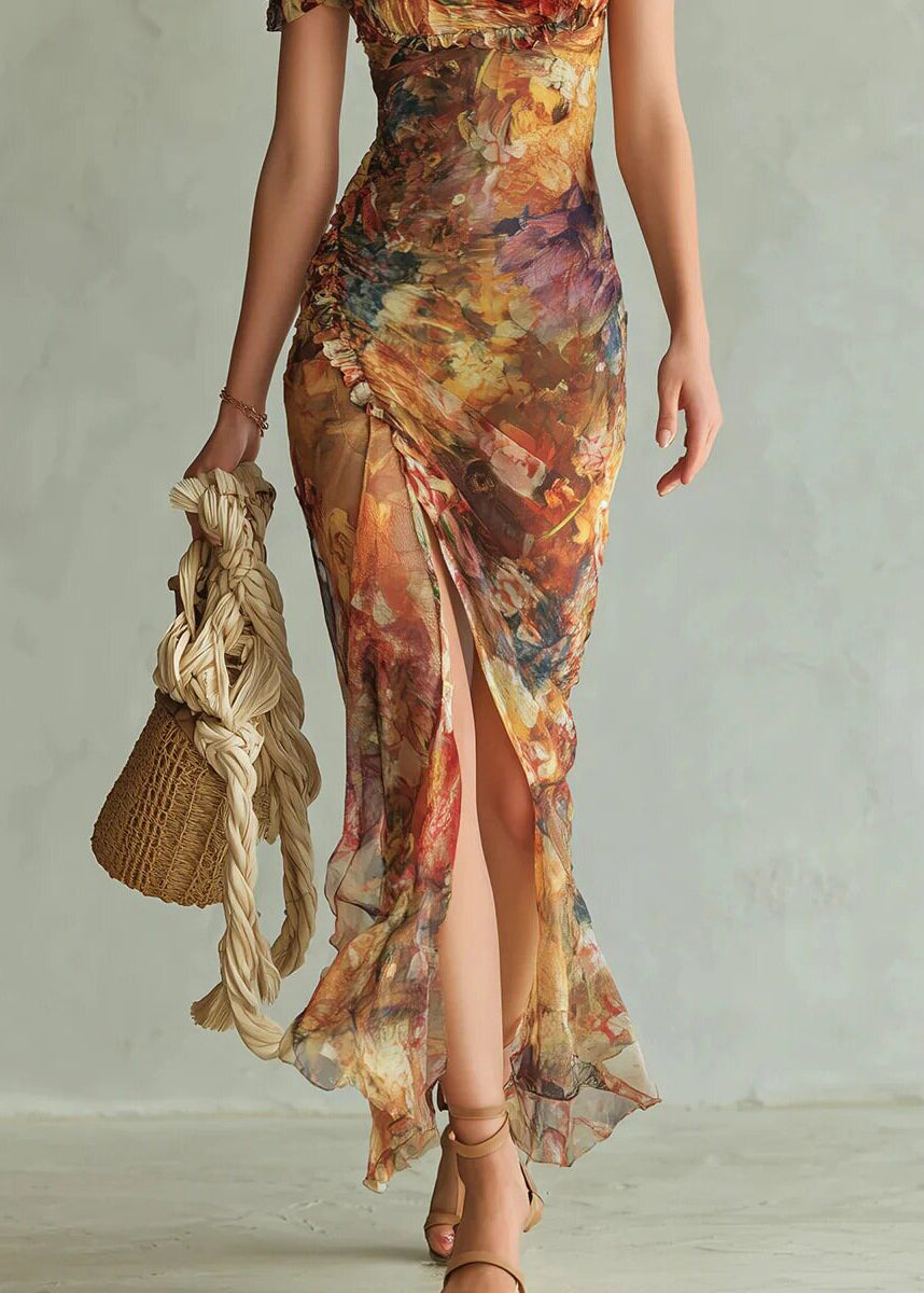 Slim Fit Square Collar Print Side Open Long Dress Summer