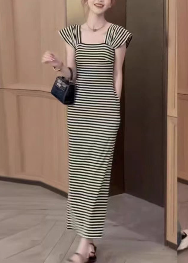 Slim Fit Square Collar Striped Pockets Cotton Long Dresses Summer