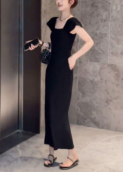 Slim Fit Square Collar Striped Pockets Cotton Long Dresses Summer