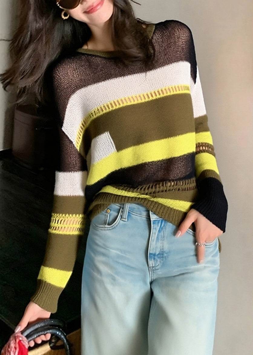 Slim Fit Striped Hollow Out Thin Patchwork Knit Sweater Fall