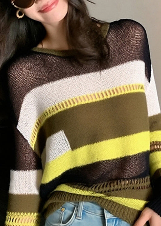 Slim Fit Striped Hollow Out Thin Patchwork Knit Sweater Fall
