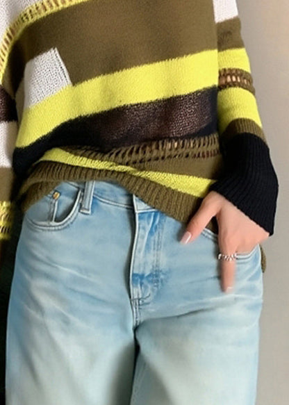 Slim Fit Striped Hollow Out Thin Patchwork Knit Sweater Fall