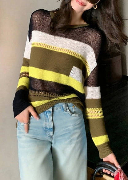 Slim Fit Striped Hollow Out Thin Patchwork Knit Sweater Fall
