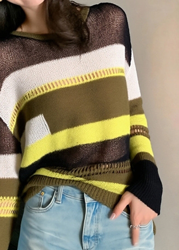 Slim Fit Striped Hollow Out Thin Patchwork Knit Sweater Fall