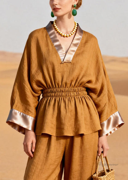 Slim Fit V Neck Elastic Waist Silk Patchwork Two Pieces Set Spring