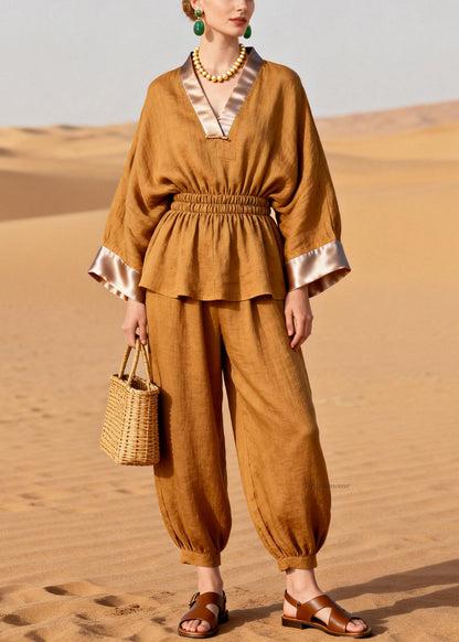 Slim Fit V Neck Elastic Waist Silk Patchwork Two Pieces Set Spring