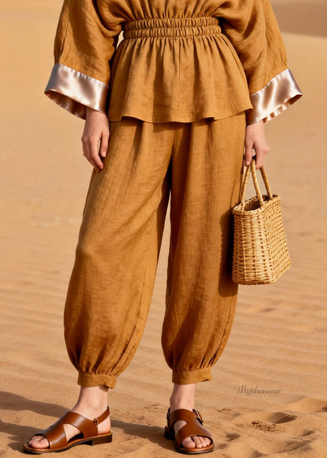 Slim Fit V Neck Elastic Waist Silk Patchwork Two Pieces Set Spring