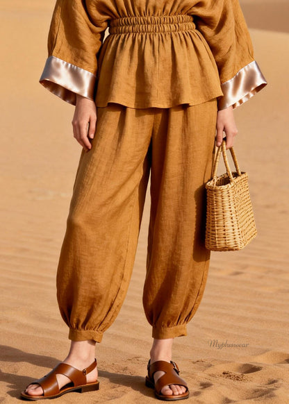 Slim Fit V Neck Elastic Waist Silk Patchwork Two Pieces Set Spring