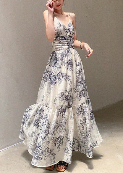Slim Fit V Neck Print Long Spaghetti Strap Dress Sleeveless