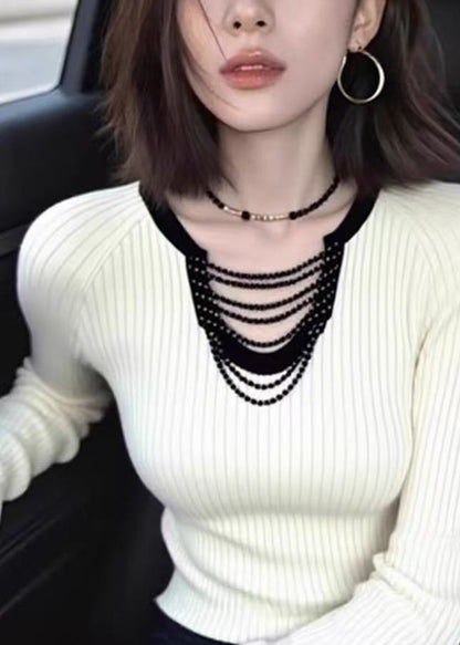 Slim Fit White Beading Hollow Out Knit Top Spring