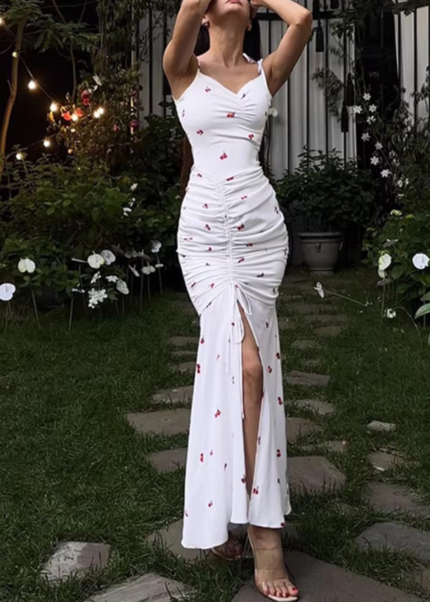 Slim Fit White Cinched Print Long Spaghetti Strap Dress Summer