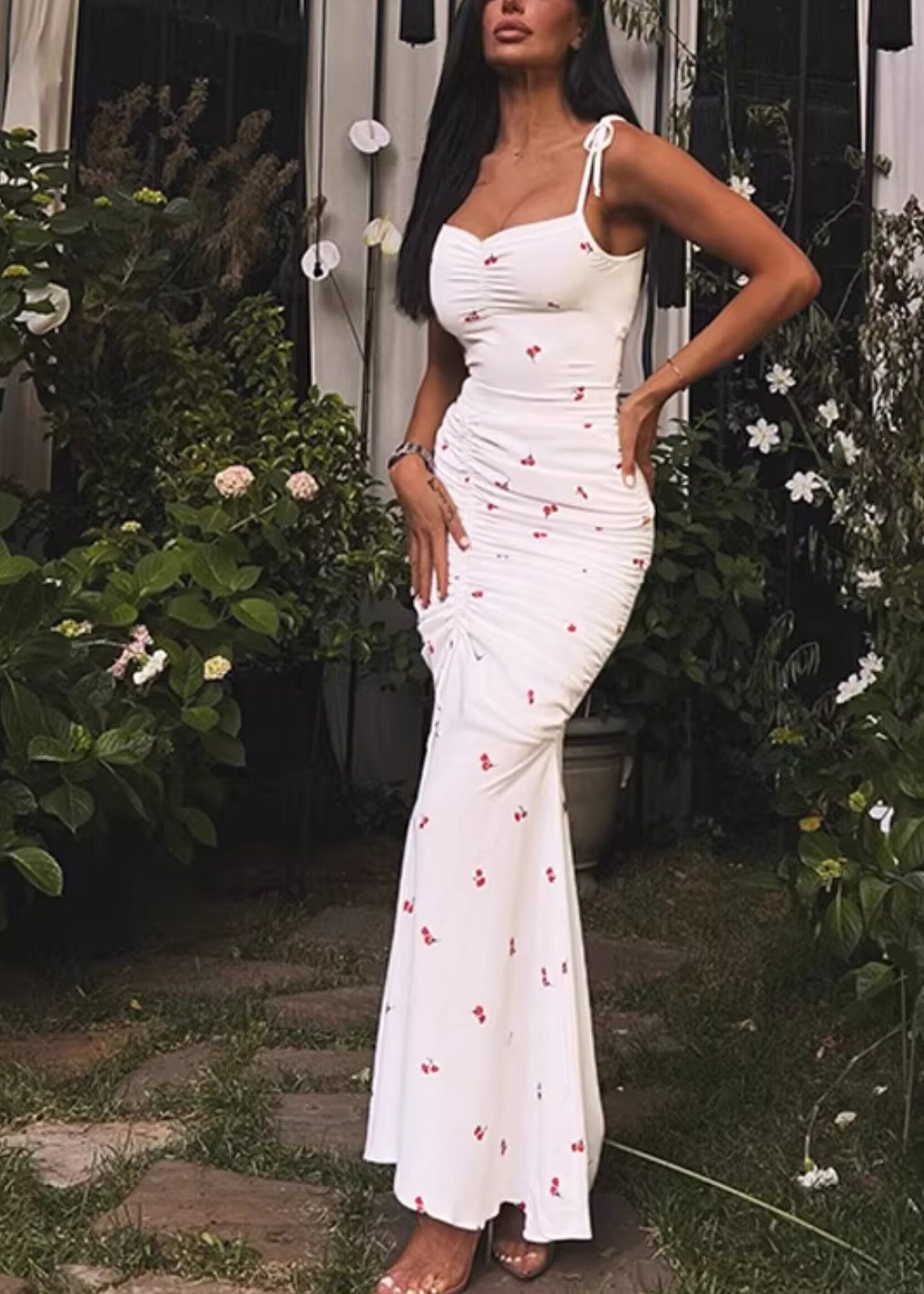 Slim Fit White Cinched Print Long Spaghetti Strap Dress Summer