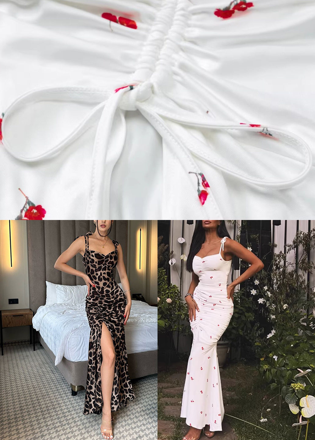 Slim Fit White Cinched Print Long Spaghetti Strap Dress Summer