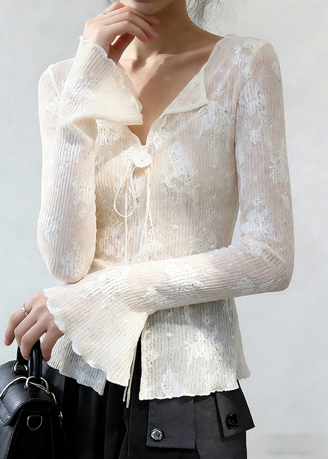 Slim Fit White Embroidered Lace Up Thin Shirts Flare Sleeve
