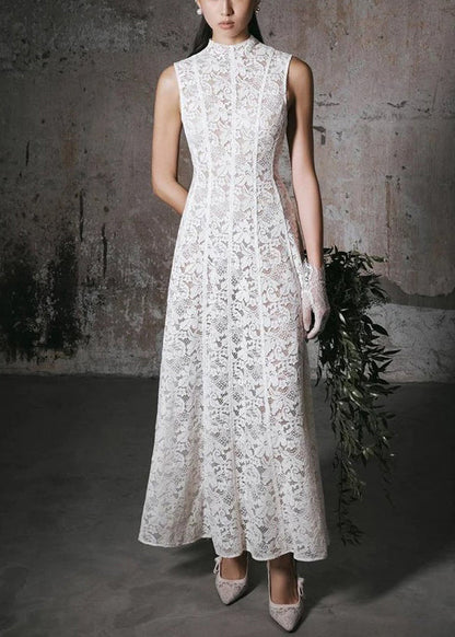 Slim Fit White High Waist Solid Lace Long Dress Sleeveless