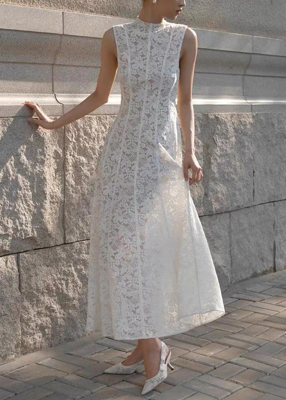 Slim Fit White High Waist Solid Lace Long Dress Sleeveless