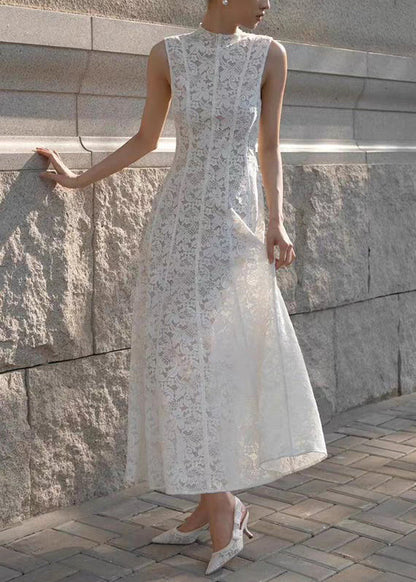 Slim Fit White High Waist Solid Lace Long Dress Sleeveless