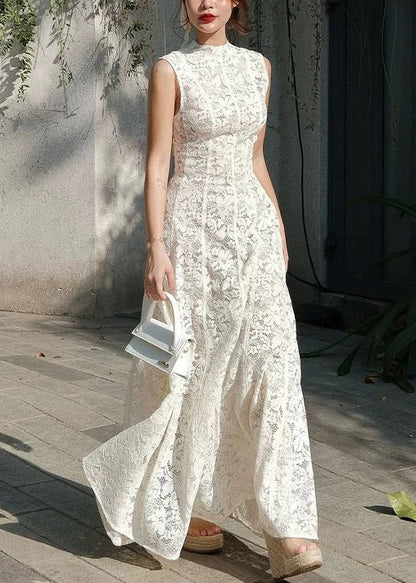Slim Fit White High Waist Solid Lace Long Dress Sleeveless