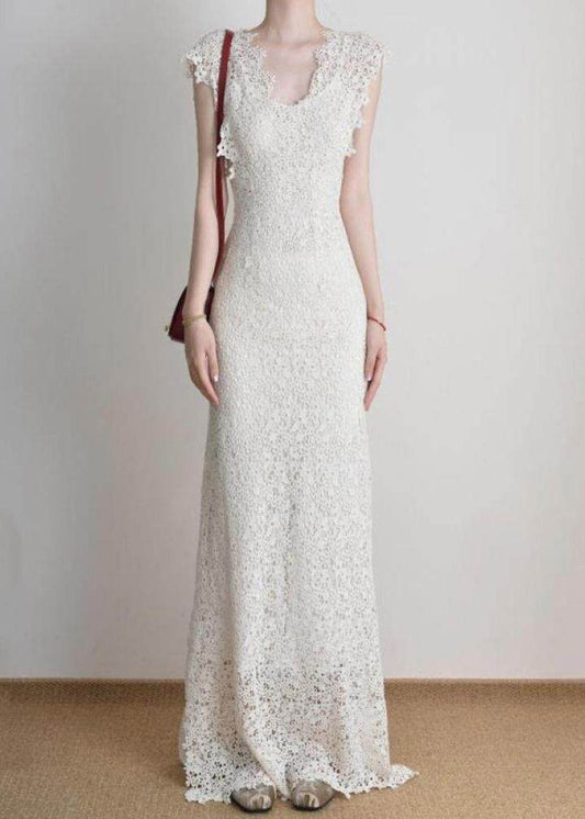 Slim Fit White Holiday Lace Long Dress O-Neck Short Sleeve