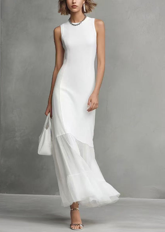 Slim Fit White O-Neck Patchwork Tulle Maxi Dress Sleeveless