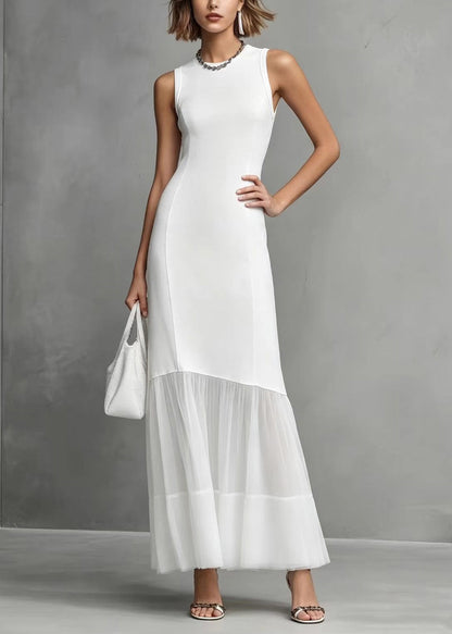 Slim Fit White O-Neck Patchwork Tulle Maxi Dress Sleeveless
