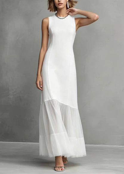 Slim Fit White O-Neck Patchwork Tulle Maxi Dress Sleeveless