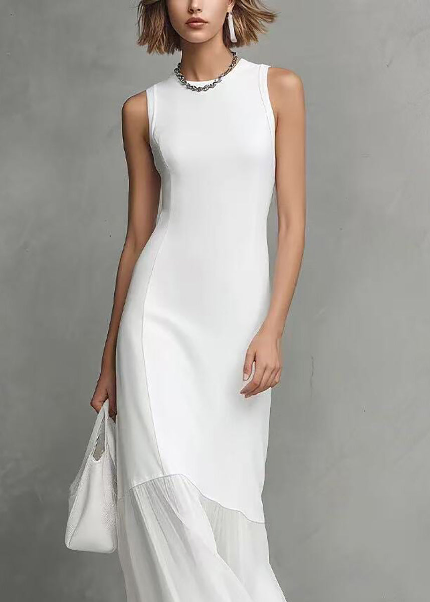 Slim Fit White O-Neck Patchwork Tulle Maxi Dress Sleeveless