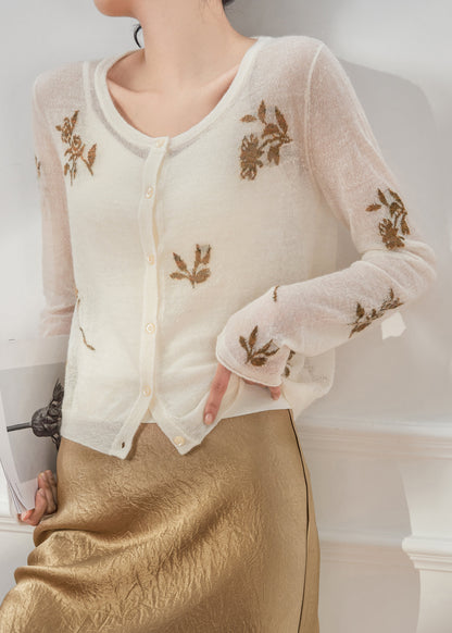 Slim Fit White O Neck Print Button Knit Sweater Fall