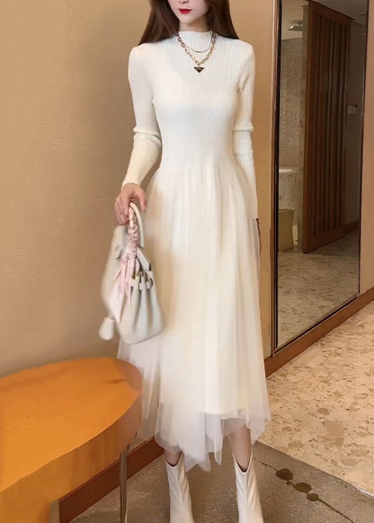 Slim Fit White O Neck Tulle Patchwork Knit Long Knit Dress