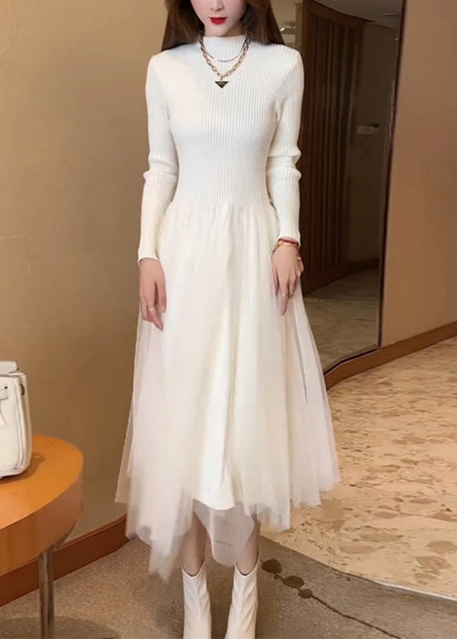Slim Fit White O Neck Tulle Patchwork Knit Long Knit Dress