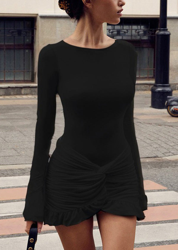 Slim Fit White O-Neck Wrinkled Patchwork Cotton Mid Dress Fall