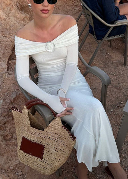 Slim Fit White Slash Neck Side Open Cotton Long Dresses Spring
