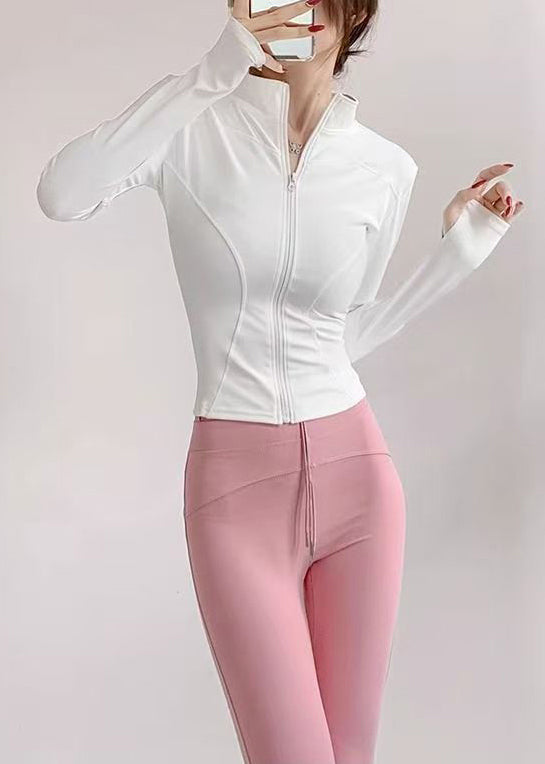Slim Fit White Stand Collar Zip Up Quick-Dry Long Sleeve Tennis Coats