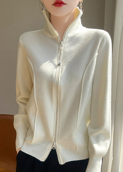 Slim Fit White Stand Collar Zip Up Solid Knit Coats Fall